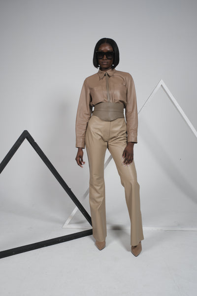 Pantalon flare en cuir d’agneau Nude