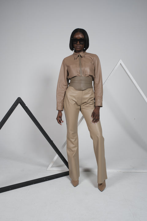 Pantalon flare en cuir d’agneau Nude