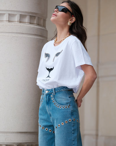 Tee-shirt lion blanc et noir avec perles
