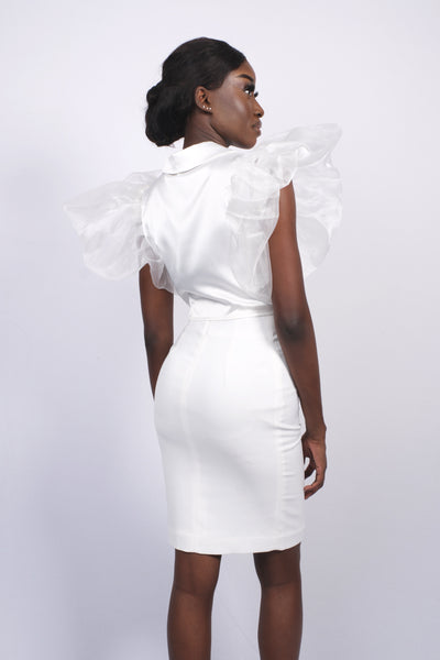 Crop top drapé bi-matière blanc