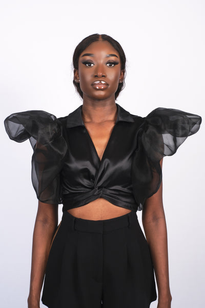 Crop Top drapé bi-matière noir
