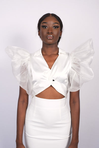 Crop top drapé bi-matière blanc
