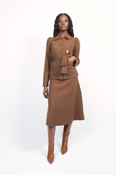 Ensemble merino marron jupe trapèze