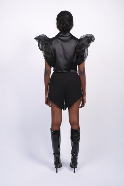 Crop Top drapé bi-matière noir