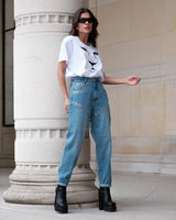 Tee-shirt lion blanc et noir avec perles