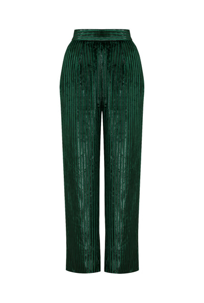 Pantalon en velours de soie émeraude.
