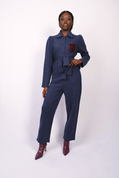 Pantalon taille haute en merino indigo