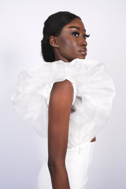 Crop top drapé bi-matière blanc