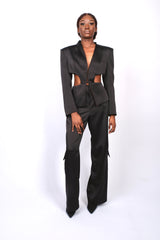 Pantalon cargo taille haute satiné