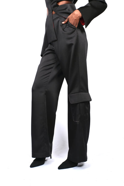 Pantalon cargo taille haute satiné