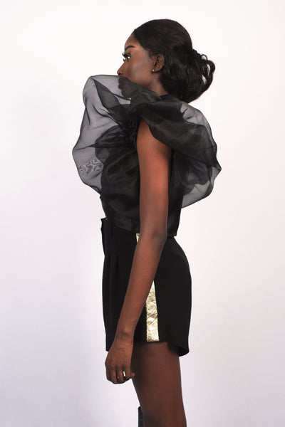 Crop Top drapé bi-matière noir