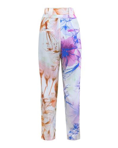 Pantalon Taille Haute à Pince au Motif Floral