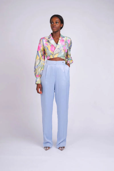 PANTALON TAILLE HAUTE FLUIDE EN VISCOSE BLEUE CIEL