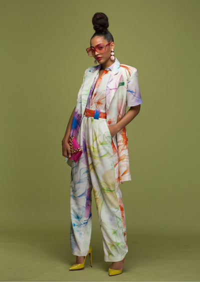 Pantalon Taille Haute à Pince au Motif Floral