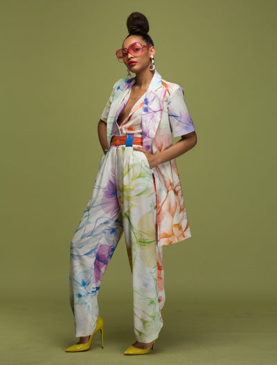 Pantalon Taille Haute à Pince au Motif Floral