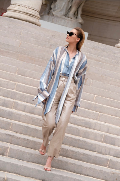 Pantalon taille haute à pince en lin et viscose effet métallisé