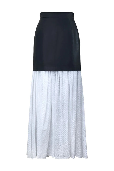 Maxi jupe en cuir et broderies anglaises