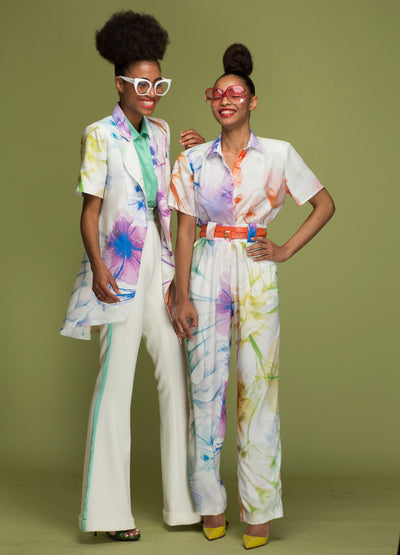 Pantalon Taille Haute à Pince au Motif Floral