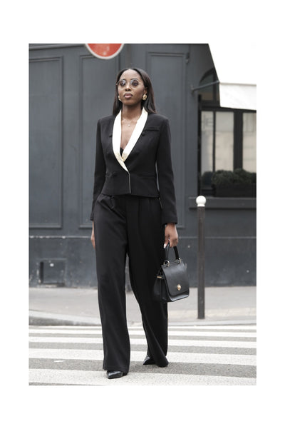 Pantalon palazzo noir et doré en cuir d'agneau