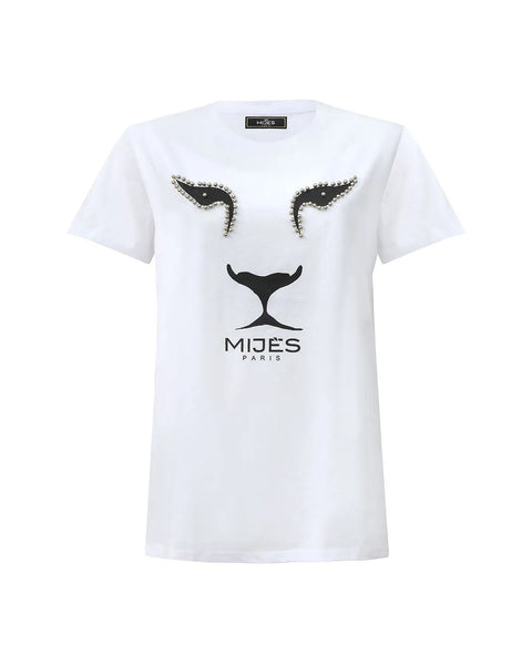 Tee-shirt lion blanc et noir avec perles