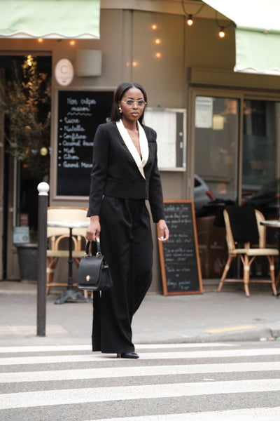 Pantalon palazzo noir et doré en cuir d'agneau