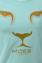 Tee-shirt vert d'eau, lion doré à perles