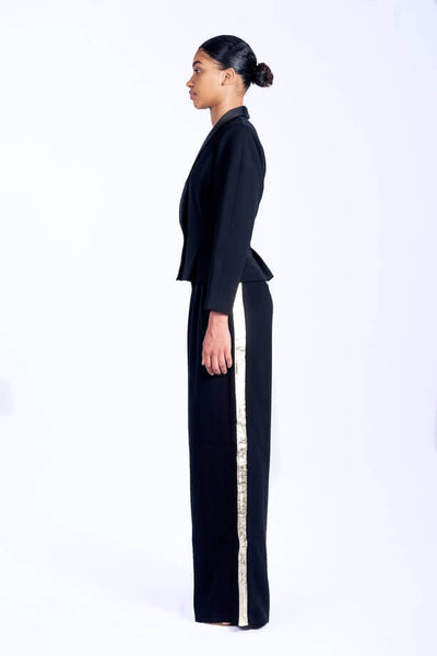 Pantalon palazzo noir et doré en cuir d'agneau