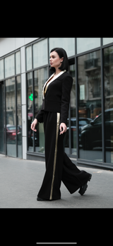 Pantalon palazzo noir et doré en cuir d'agneau