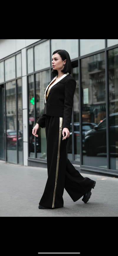 Pantalon palazzo noir et doré en cuir d'agneau
