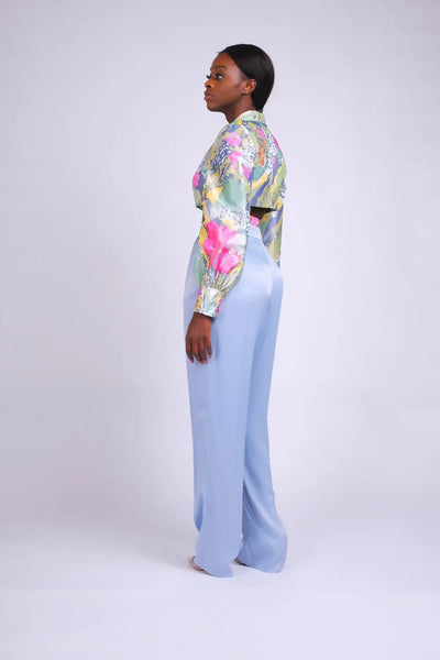 PANTALON TAILLE HAUTE FLUIDE EN VISCOSE BLEUE CIEL