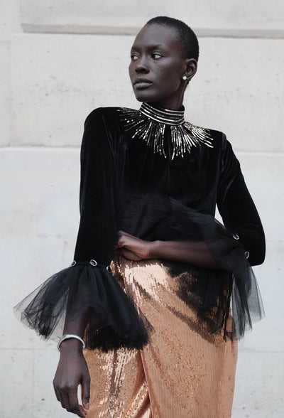 Top en velour noir col montant